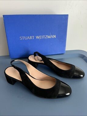 Stuart Weitzman loraina slingback pumps low block heels black patent and suede 8